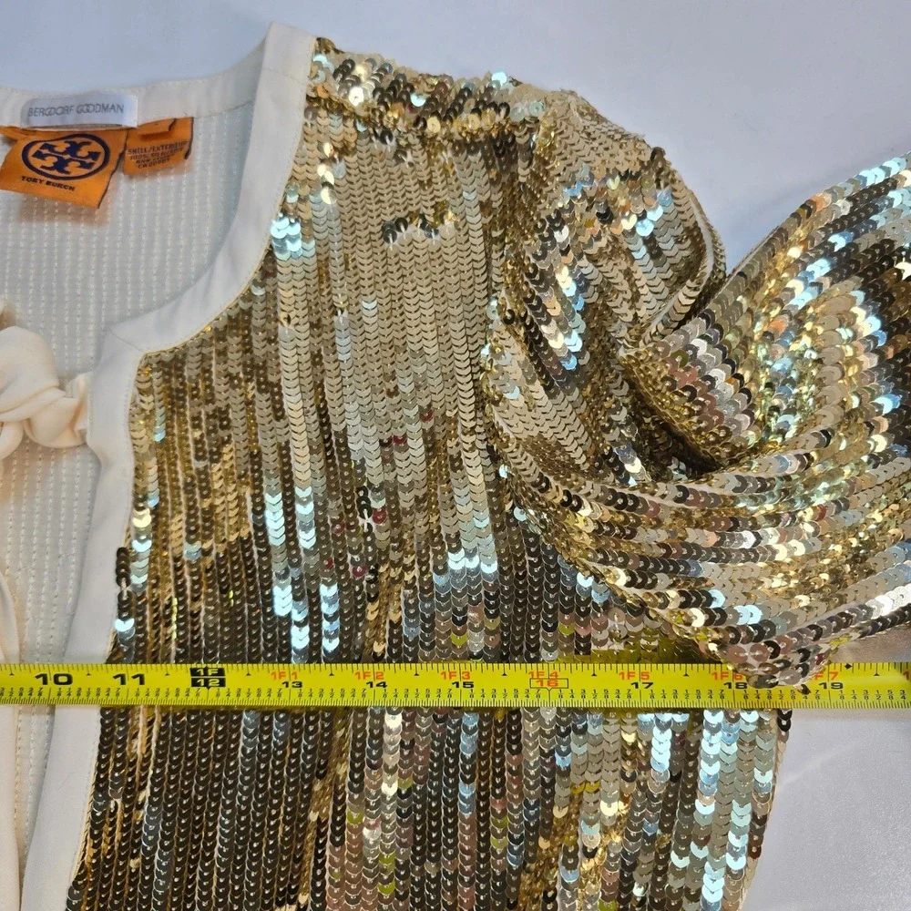 Tory Burch Bergdorf Goodman Gold Sequin Silk Tie Front Jacket Cardigan‎ Top SZ 4